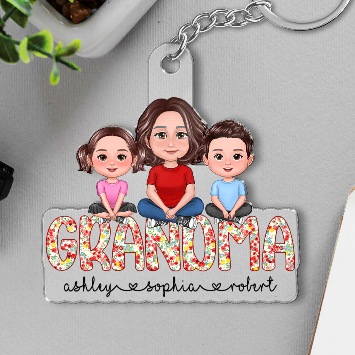 Grandma Grandkids Sitting On Text Personalized Acrylic Keychain - Image 5