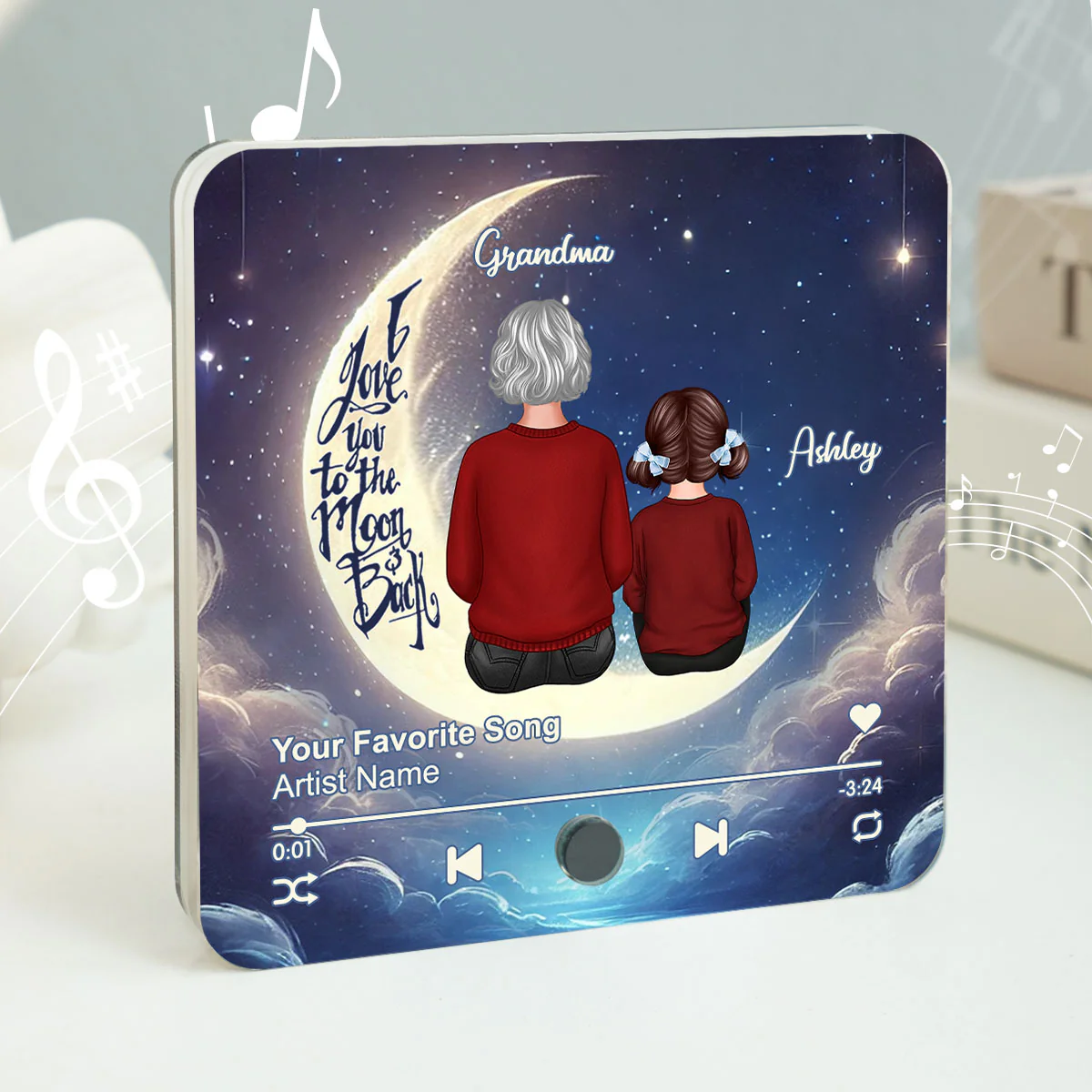Grandma & Grandkids Sitting On The Moon Personalized Music Fridge Magnet, Perfect 2025 Gift For Mom For Grandma - Image 3