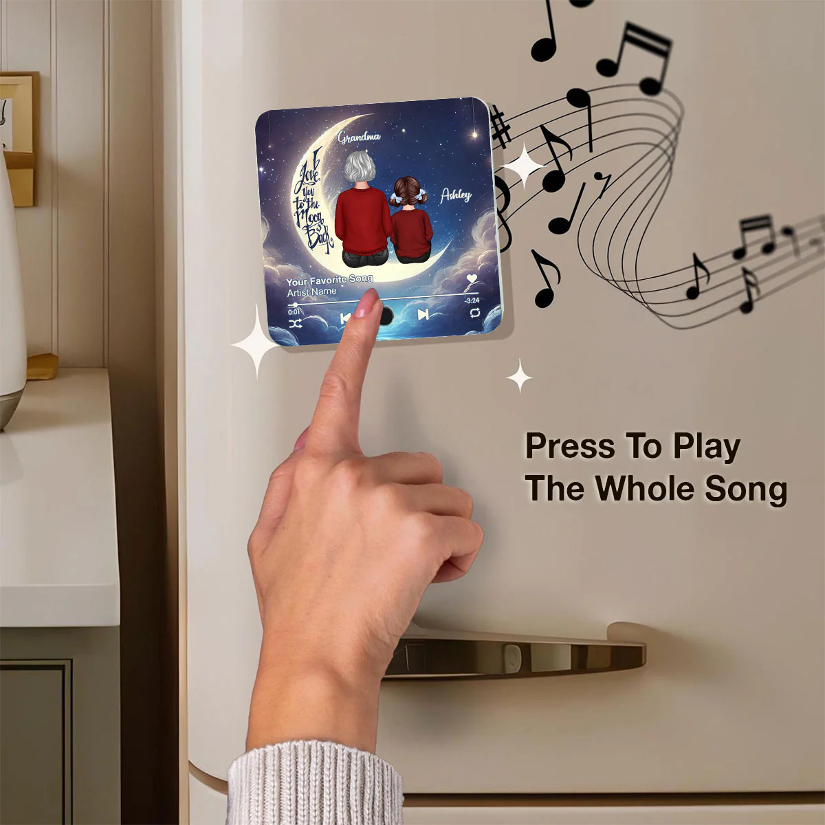 Grandma & Grandkids Sitting On The Moon Personalized Music Fridge Magnet, Perfect 2025 Gift For Mom For Grandma - Image 6