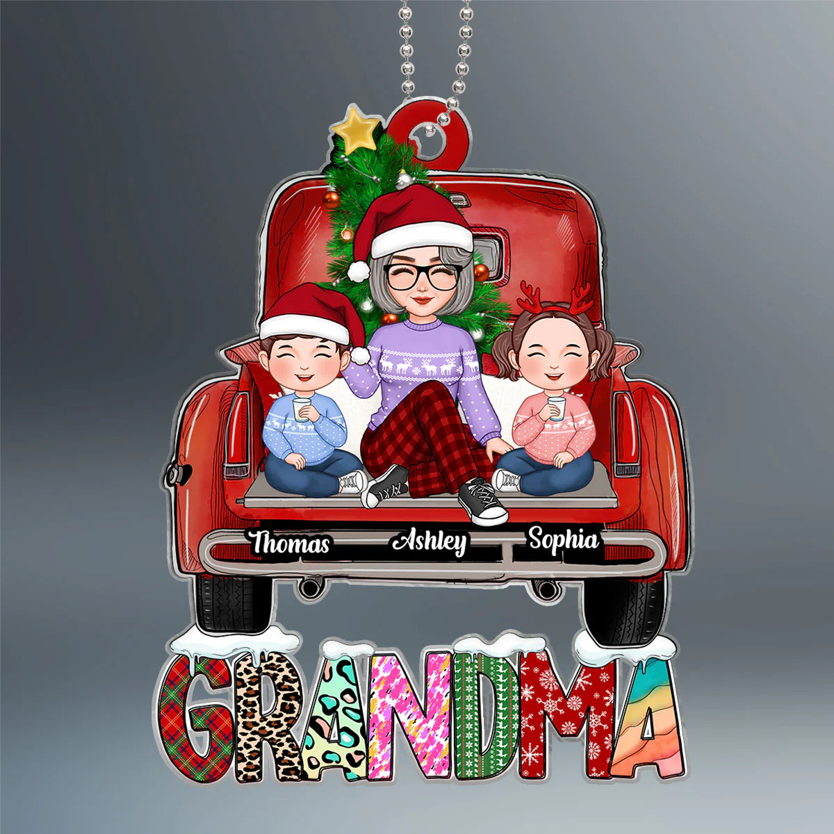 Grandma Grandkids Sitting On Truck Christmas Pattern Personalized Acrylic Ornament - Image 2