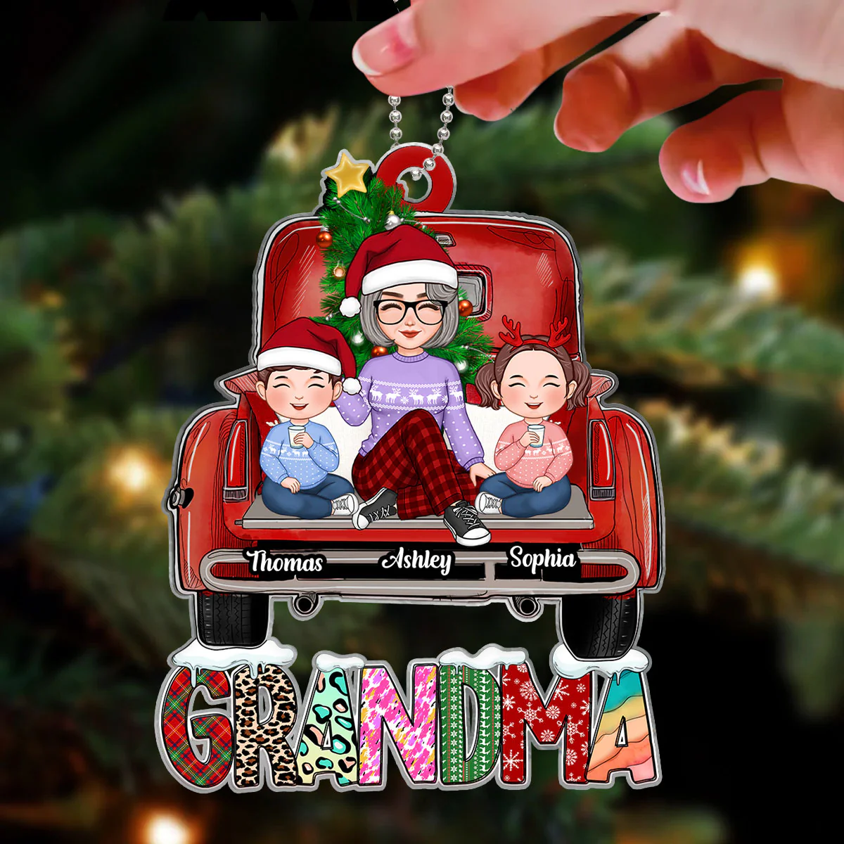 Grandma Grandkids Sitting On Truck Christmas Pattern Personalized Acrylic Ornament - Image 3