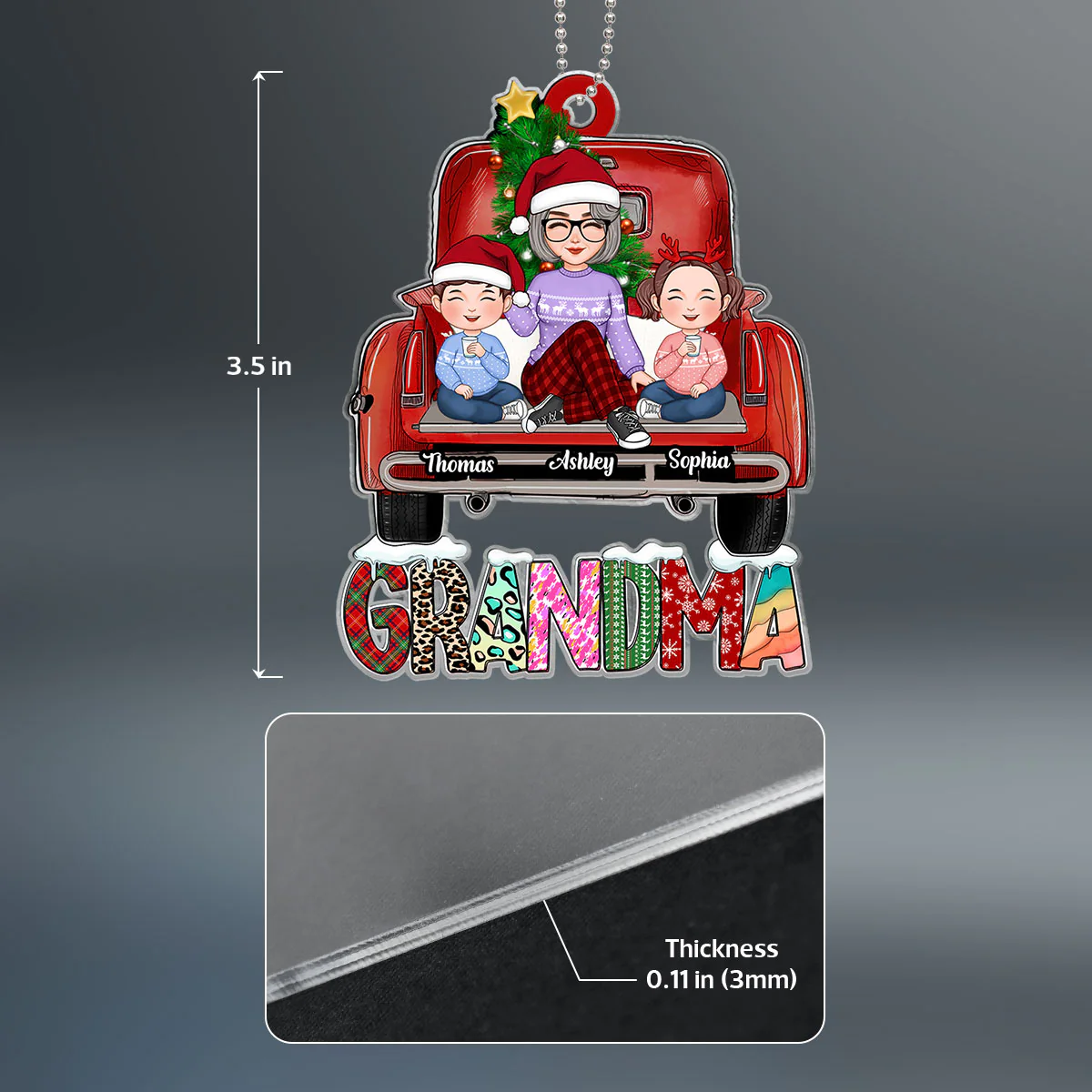 Grandma Grandkids Sitting On Truck Christmas Pattern Personalized Acrylic Ornament - Image 4