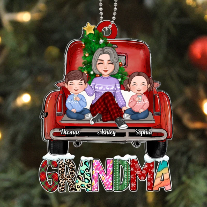 Grandma Grandkids Sitting On Truck Christmas Pattern Personalized Acrylic Ornament - Image 5