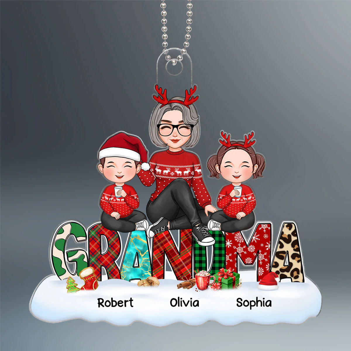 Grandma Grandkids Sitting On Words Christmas Pattern Personalized Acrylic Ornament - Image 2