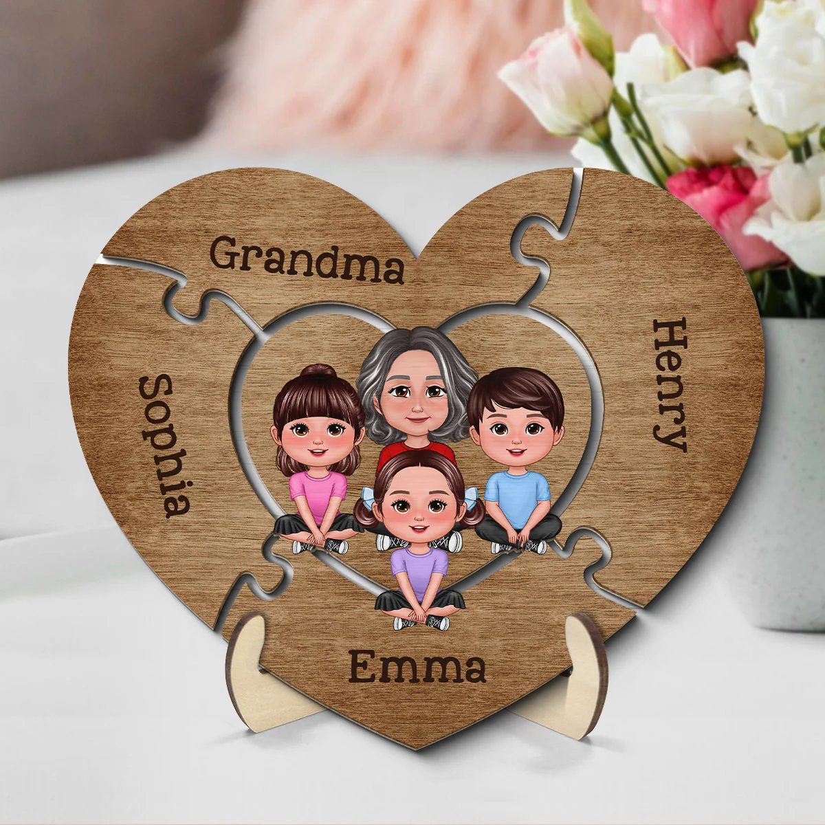 Grandma Grandkids Sitting Puzzle Heart Mother‘s Day Gift Personalized 2-Layer Wooden Plaque - Image 2