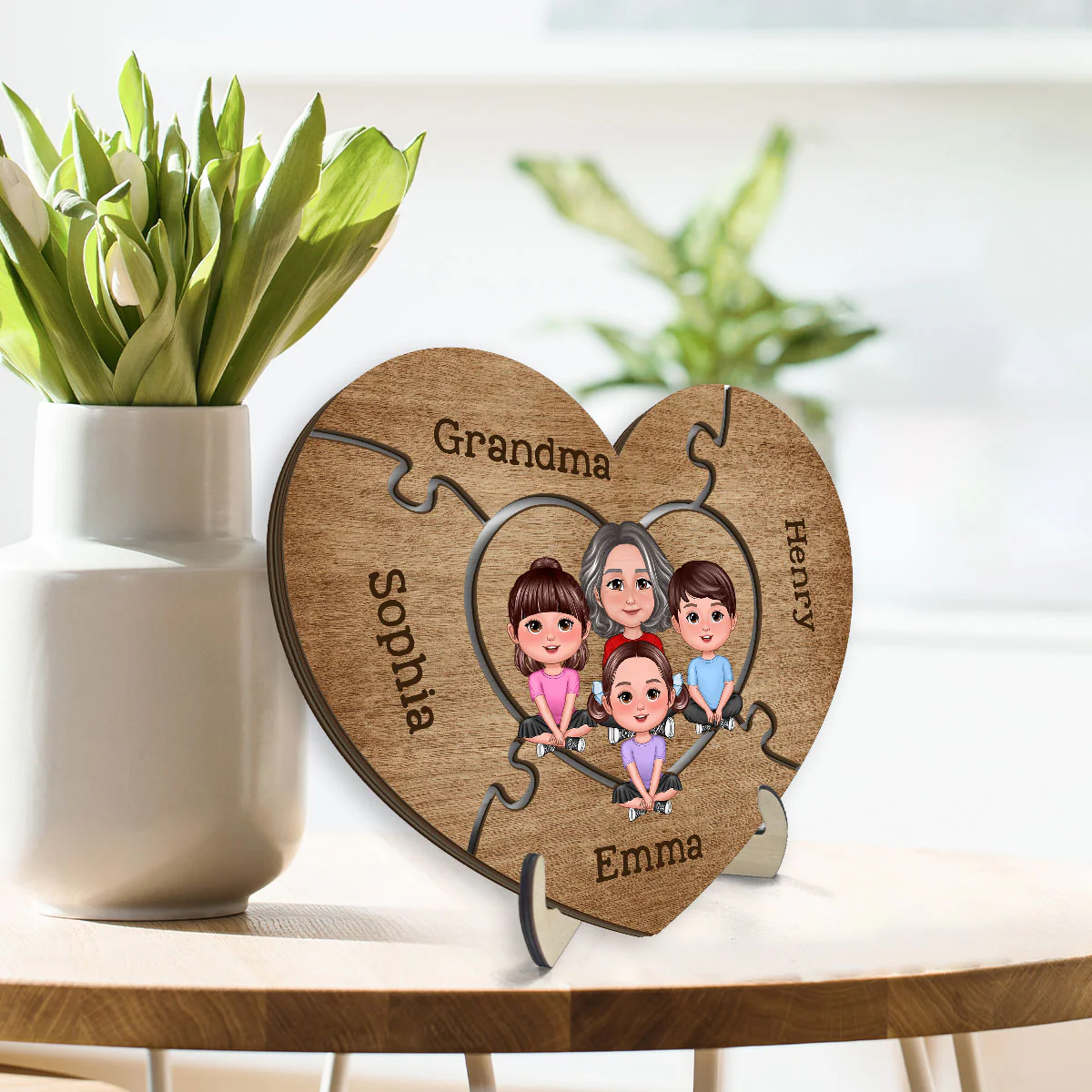 Grandma Grandkids Sitting Puzzle Heart Mother‘s Day Gift Personalized 2-Layer Wooden Plaque - Image 3
