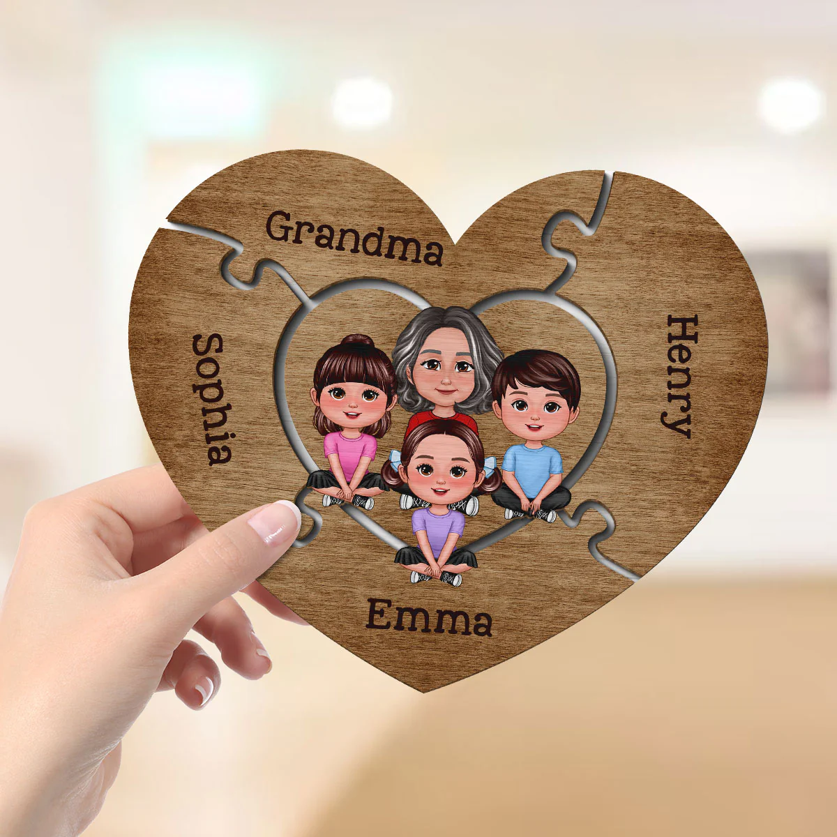 Grandma Grandkids Sitting Puzzle Heart Mother‘s Day Gift Personalized 2-Layer Wooden Plaque - Image 4
