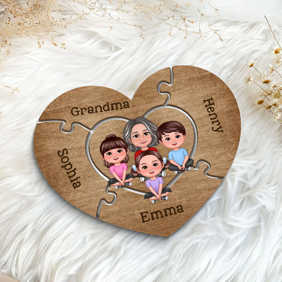 Grandma Grandkids Sitting Puzzle Heart Mother‘s Day Gift Personalized 2-Layer Wooden Plaque - Image 5