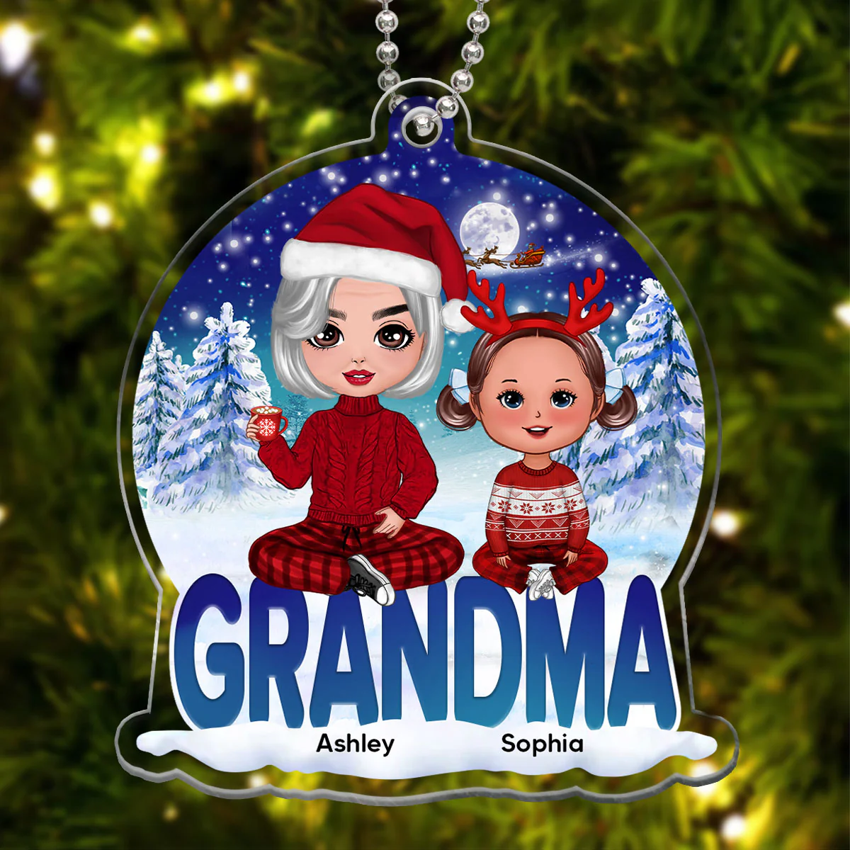Grandma Grandkids Sitting Snowball Christmas Personalized Acrylic Ornament