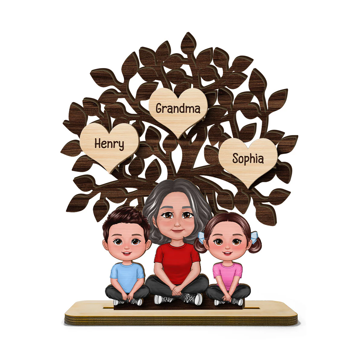 Grandma & Grandkids Sitting Under Family Tree Love Personalized 2-Layer Standing Wooden Plaque - Image 2