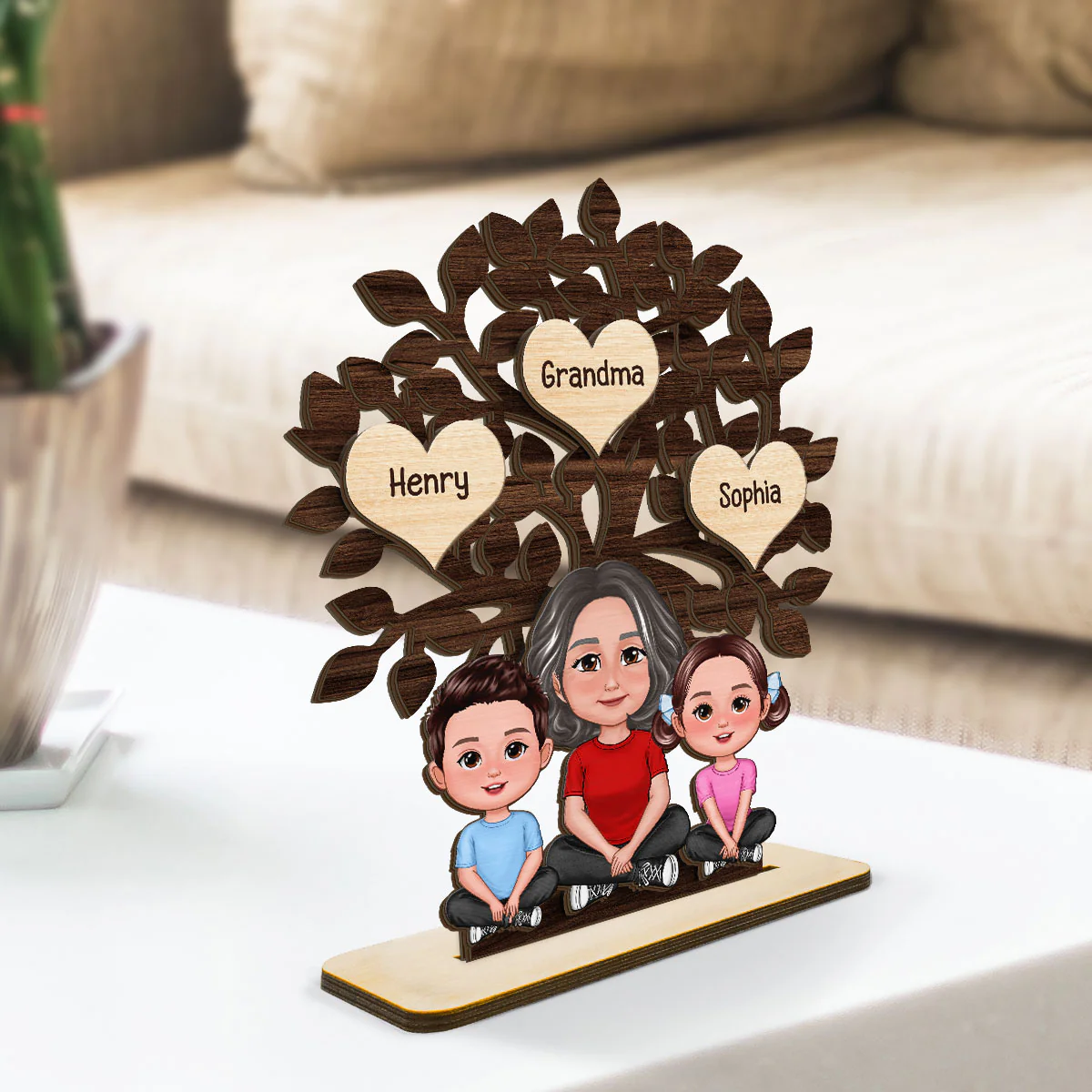 Grandma & Grandkids Sitting Under Family Tree Love Personalized 2-Layer Standing Wooden Plaque - Image 3