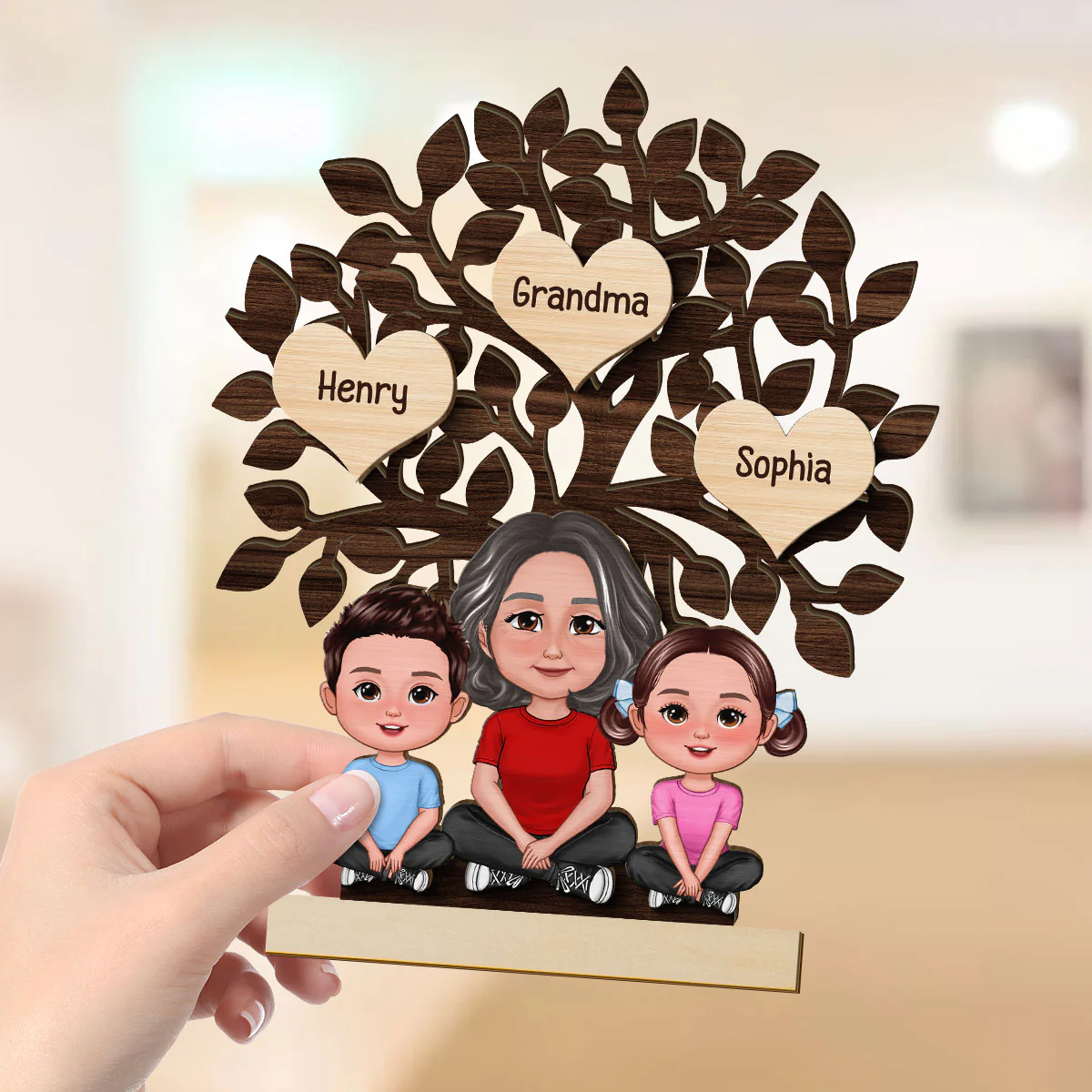 Grandma & Grandkids Sitting Under Family Tree Love Personalized 2-Layer Standing Wooden Plaque - Image 4