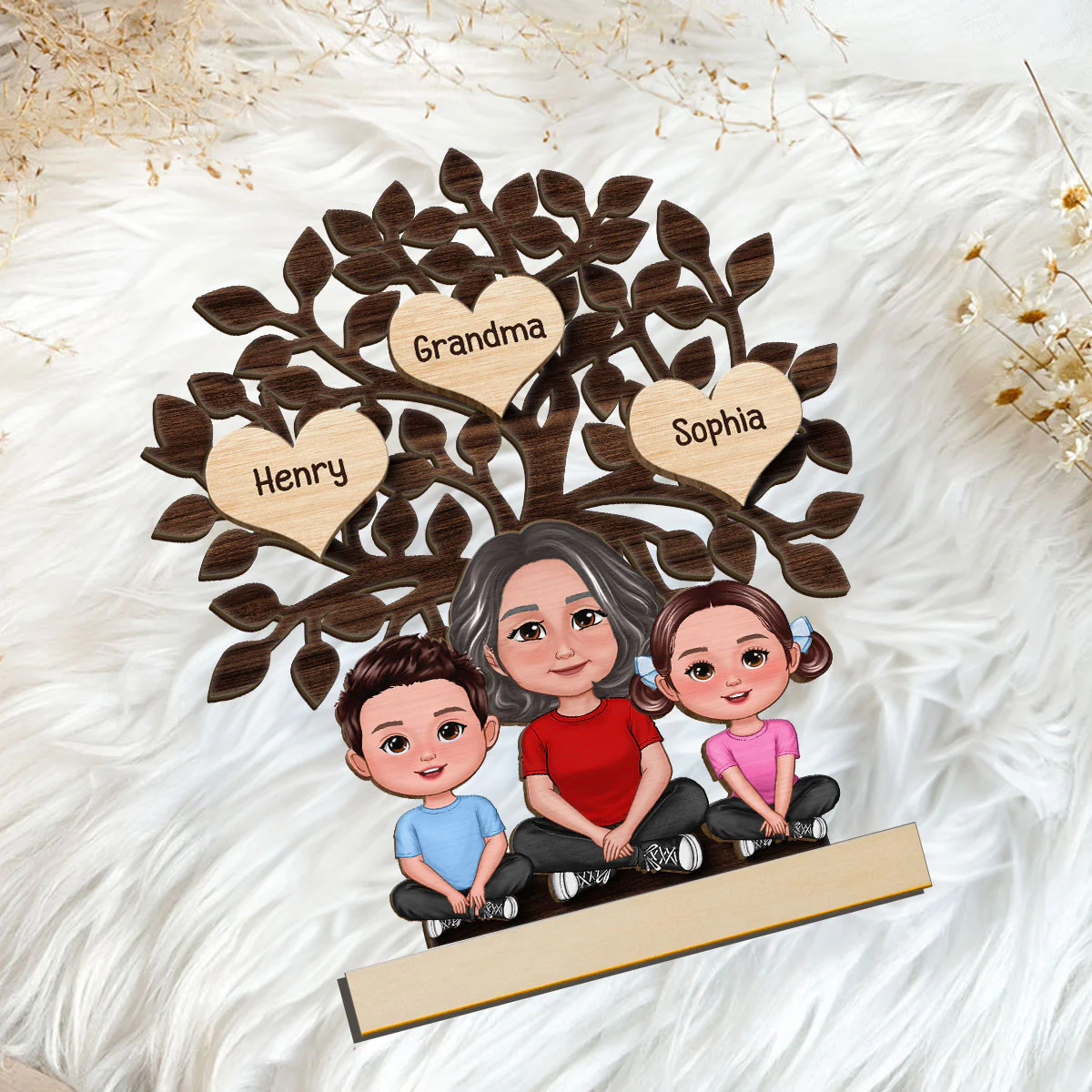 Grandma & Grandkids Sitting Under Family Tree Love Personalized 2-Layer Standing Wooden Plaque - Image 5