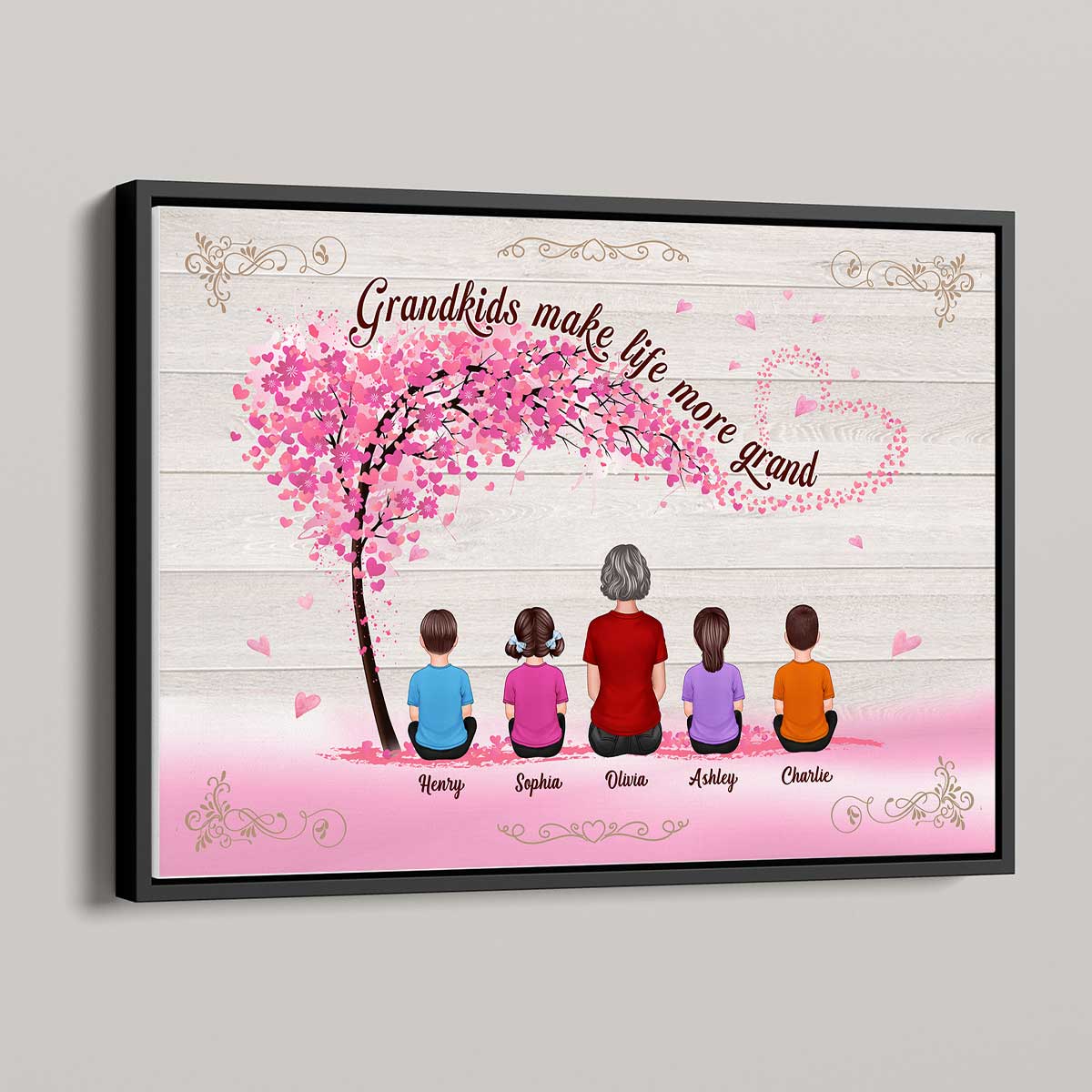Grandma Grandkids Sitting Under Pink Tree Mother‘s Day Gift For Grandma Personalized Horizontal Poster - Image 4