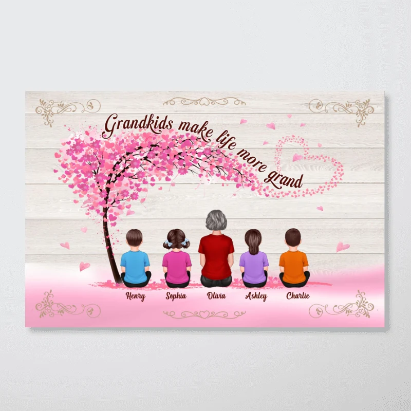 Grandma Grandkids Sitting Under Pink Tree Mother‘s Day Gift For Grandma Personalized Horizontal Poster - Image 6