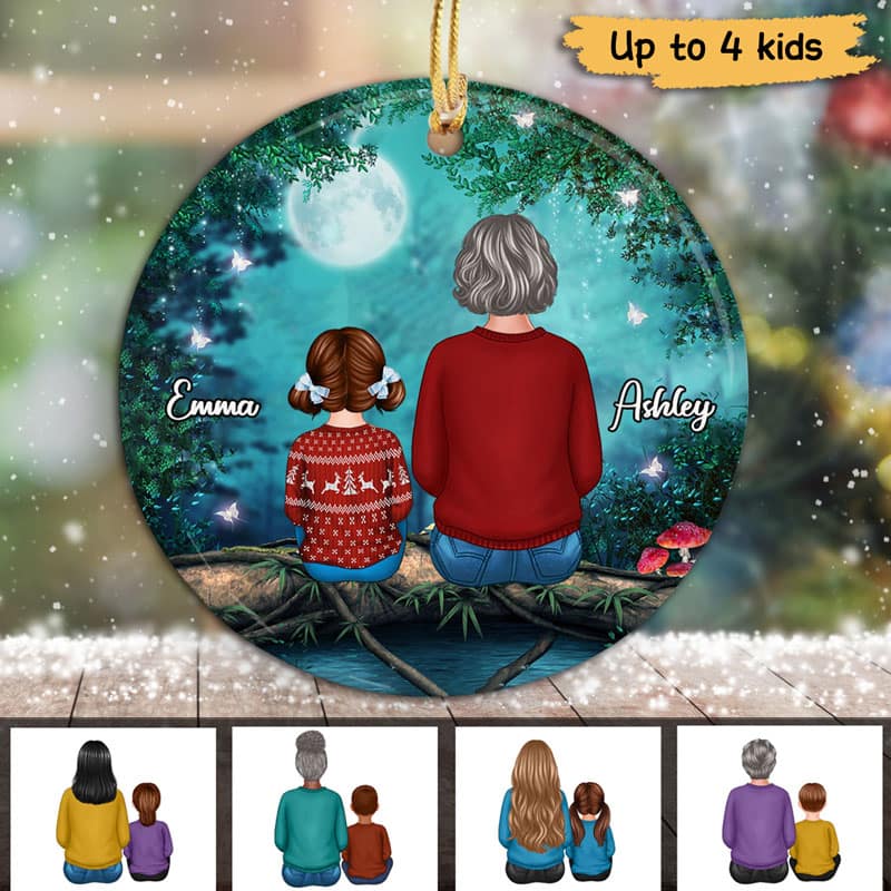 Grandma Grandkids Tree Log Background Personalized Circle Ornament - Image 2