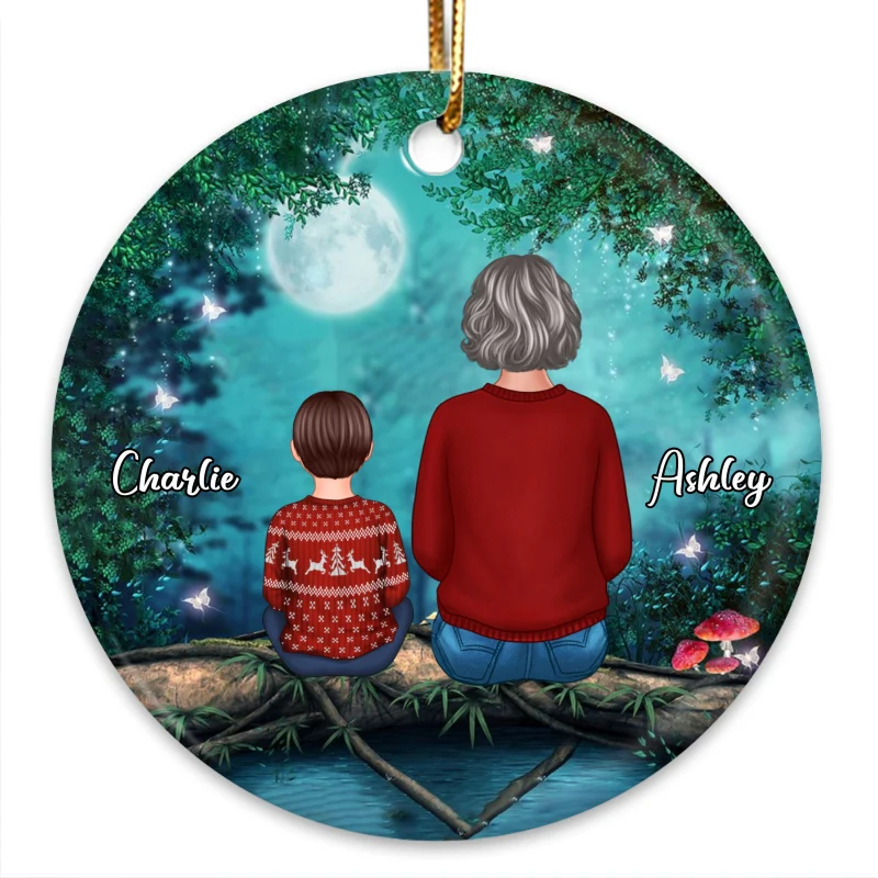 Grandma Grandkids Tree Log Background Personalized Circle Ornament - Image 3