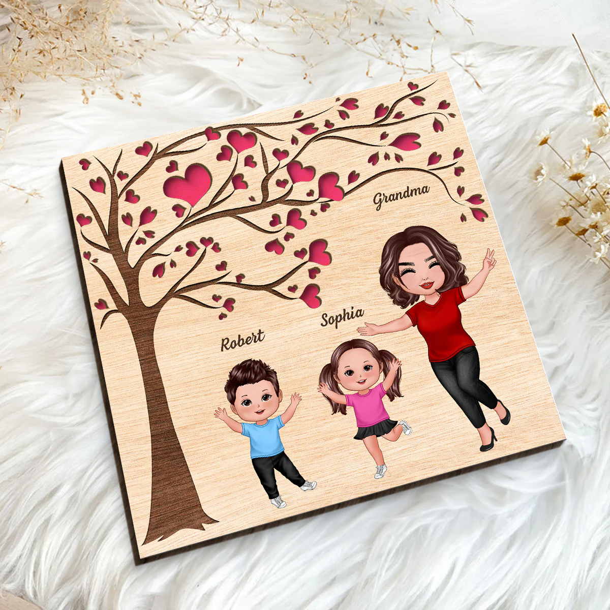 Grandma Grandkids Under Heart Tree Engraved Personalized 2-layer Wooden Plaque - Image 5