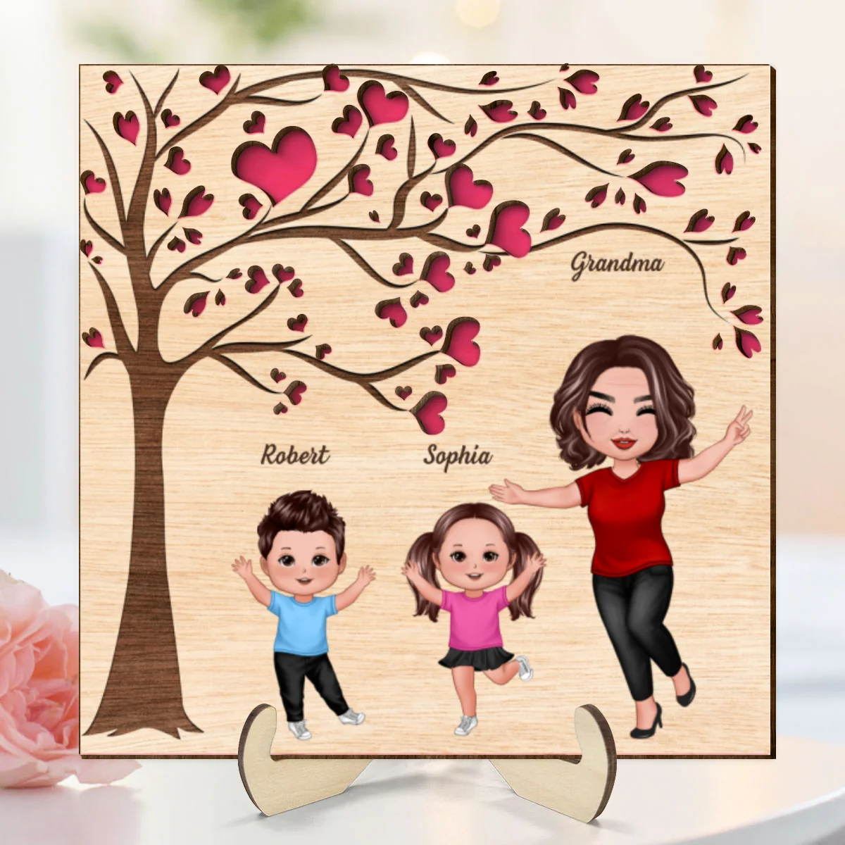 Grandma Grandkids Under Heart Tree Engraved Personalized 2-layer Wooden Plaque - Image 8