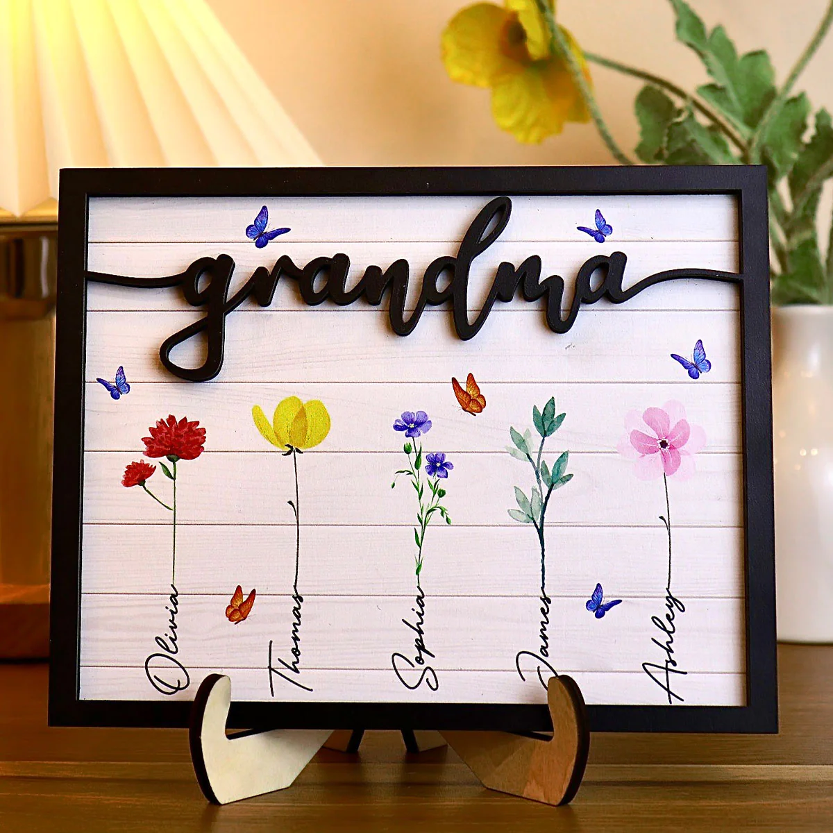 Grandma Grandkids Watercolor Flowers Personalized 2-Layered Wooden Plaque - Image 2