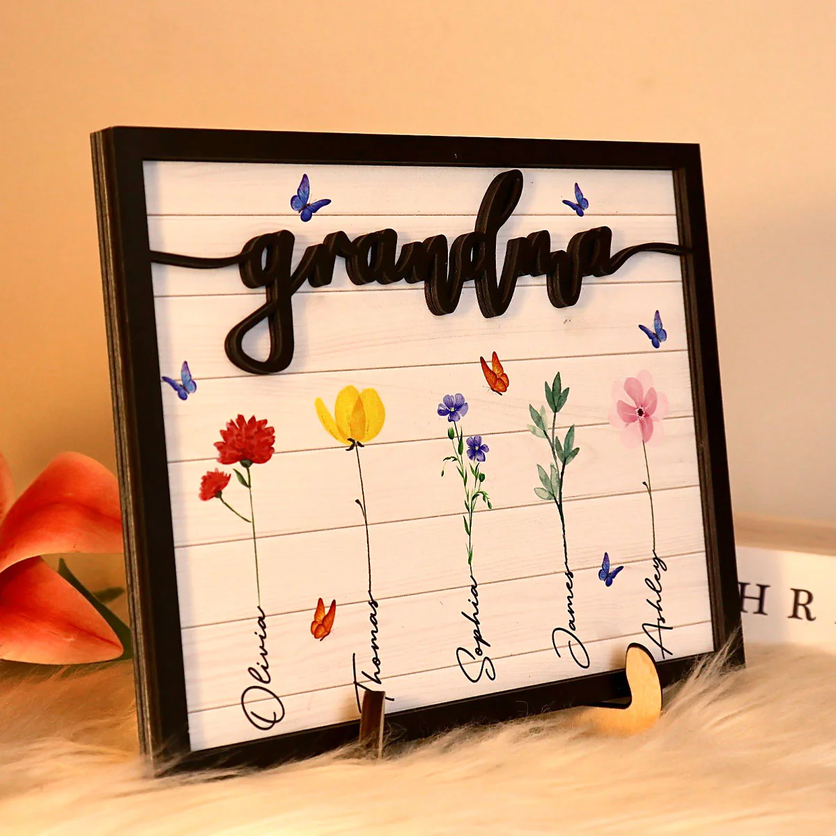 Grandma Grandkids Watercolor Flowers Personalized 2-Layered Wooden Plaque - Image 3