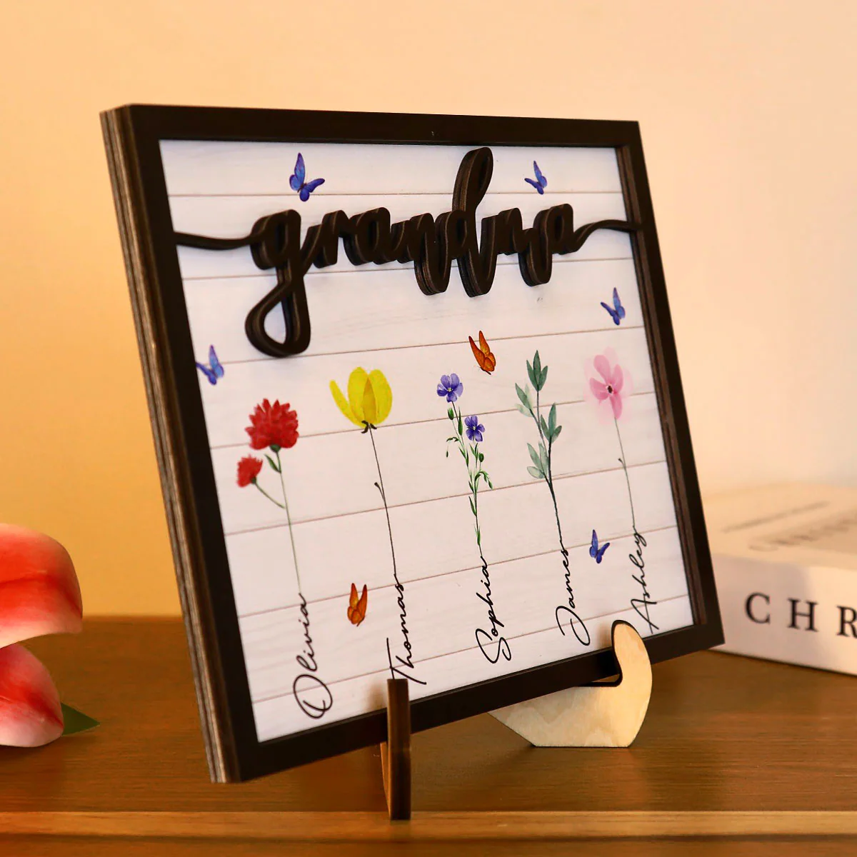 Grandma Grandkids Watercolor Flowers Personalized 2-Layered Wooden Plaque - Image 4