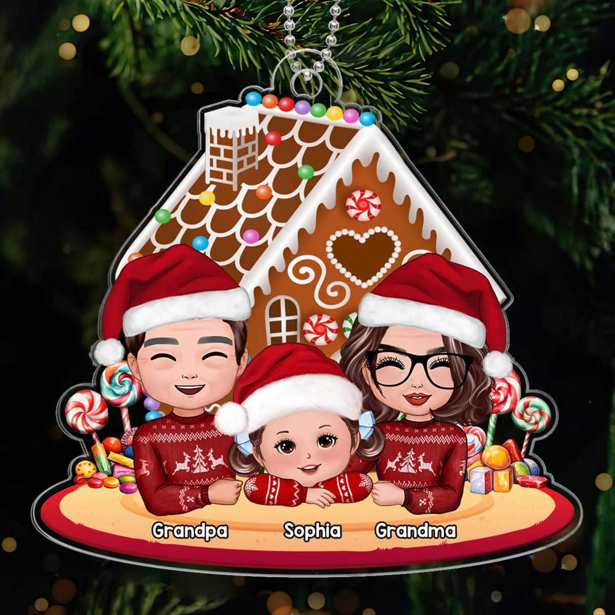 Grandma Grandpa Grandkid Gingerbread House Christmas Personalized Acrylic Ornament - Image 2