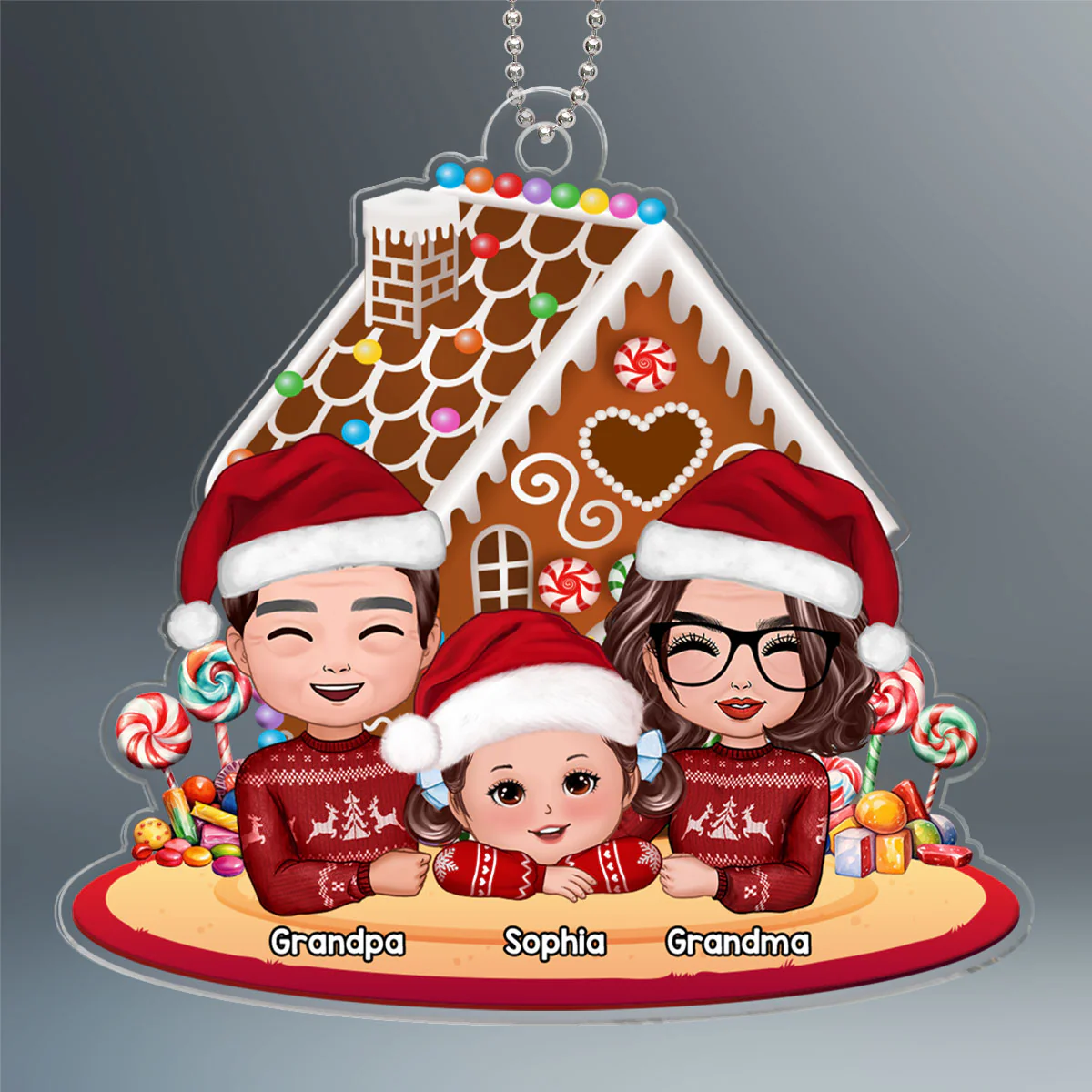Grandma Grandpa Grandkid Gingerbread House Christmas Personalized Acrylic Ornament - Image 3
