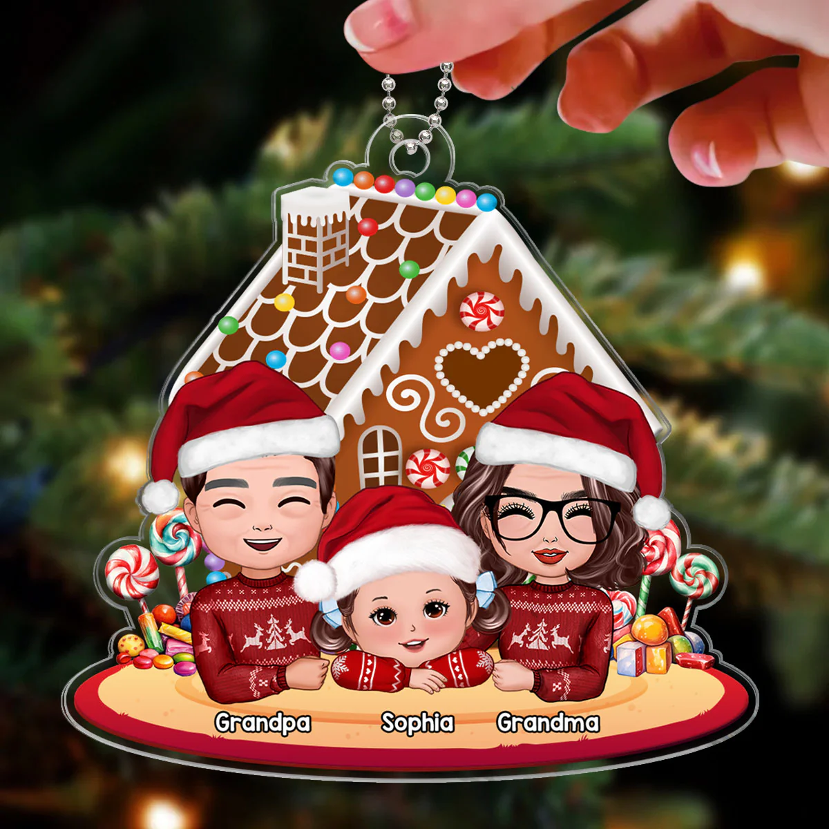 Grandma Grandpa Grandkid Gingerbread House Christmas Personalized Acrylic Ornament - Image 4