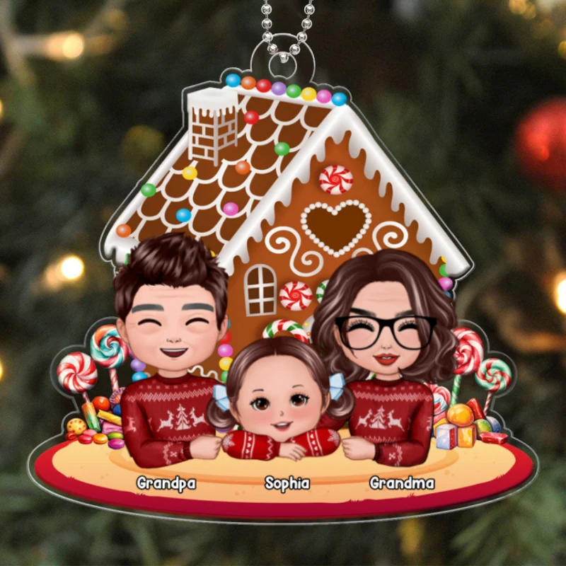Grandma Grandpa Grandkid Gingerbread House Christmas Personalized Acrylic Ornament - Image 6