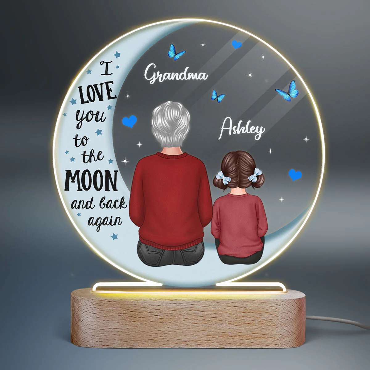 Grandma Grandpa Grandkids Blue Moon Personalized Circle Plaque LED Night Light - Acrylic LED Lamp - Image 2
