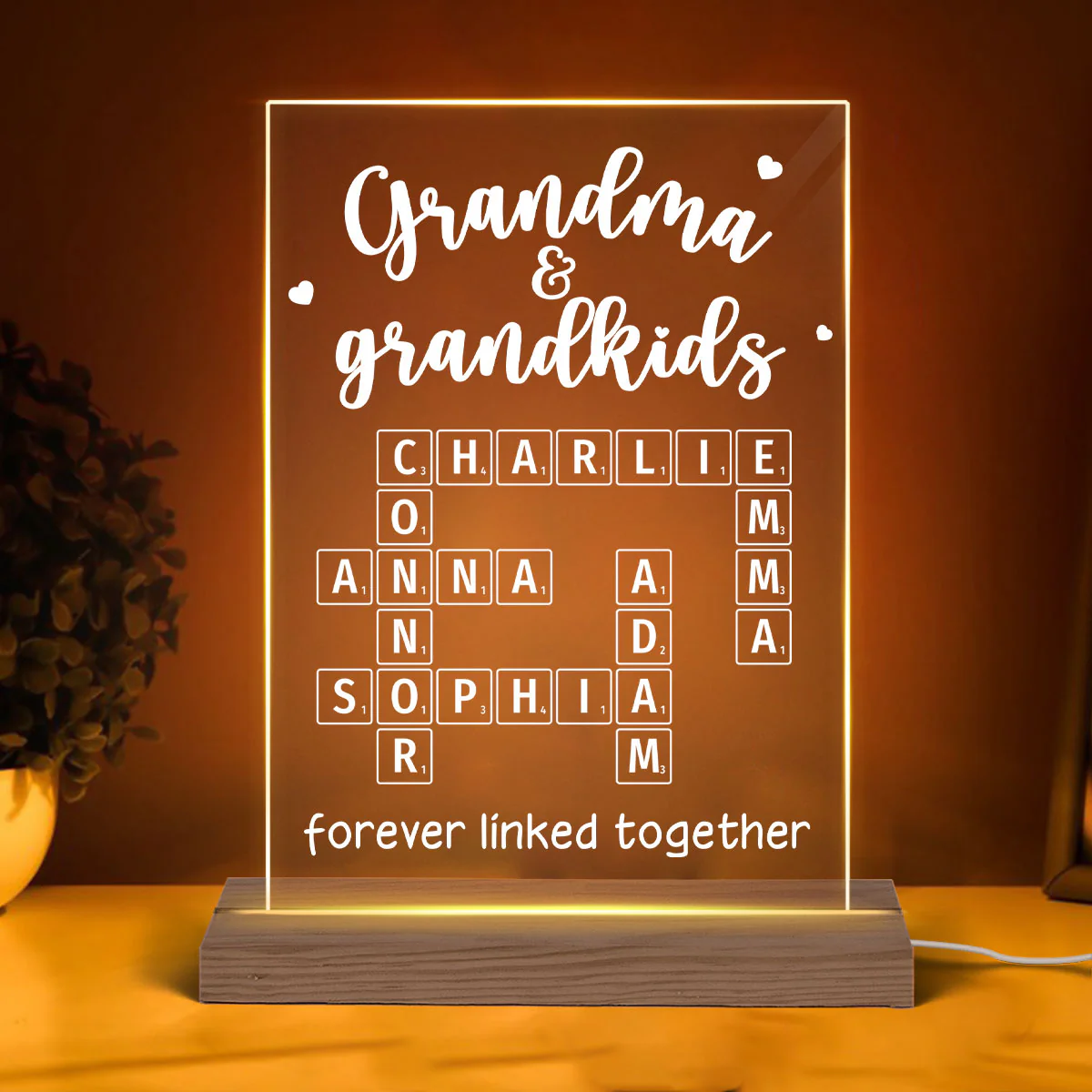 Grandma Grandpa & Grandkids Forever Linked Together Crossword Puzzle Personalized Acrylic Plaque With LED Night Light - Image 2