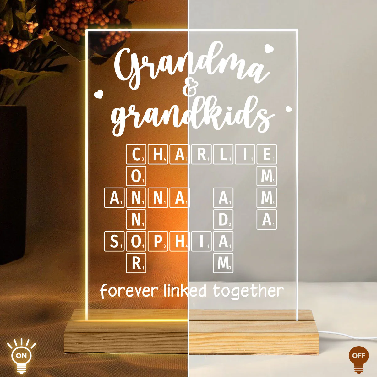 Grandma Grandpa & Grandkids Forever Linked Together Crossword Puzzle Personalized Acrylic Plaque With LED Night Light - Image 6