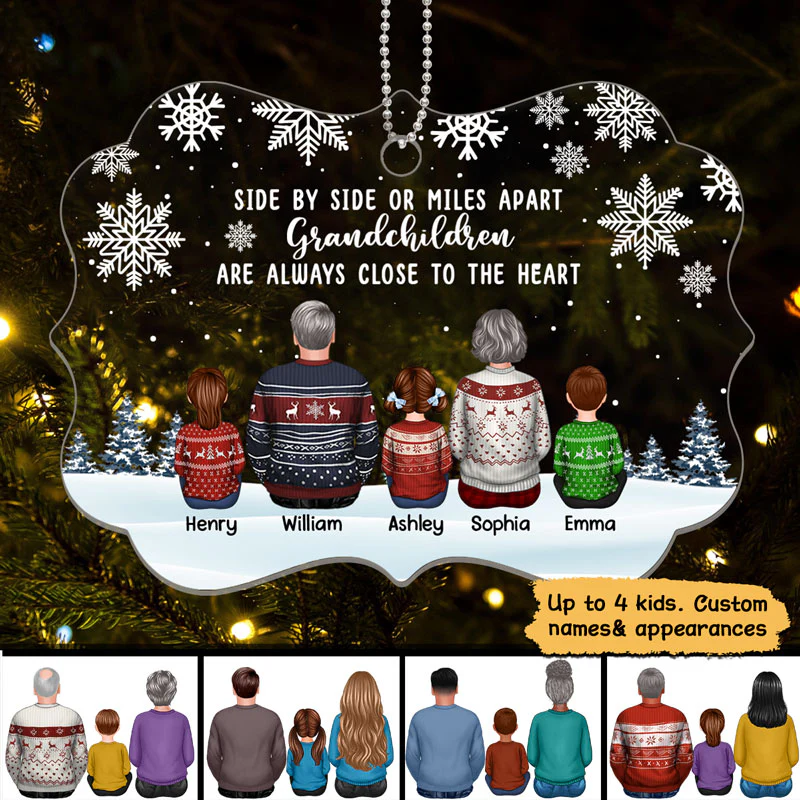 Grandma Grandpa Grandkids Side By Side Snow Background Personalized Acrylic Ornament