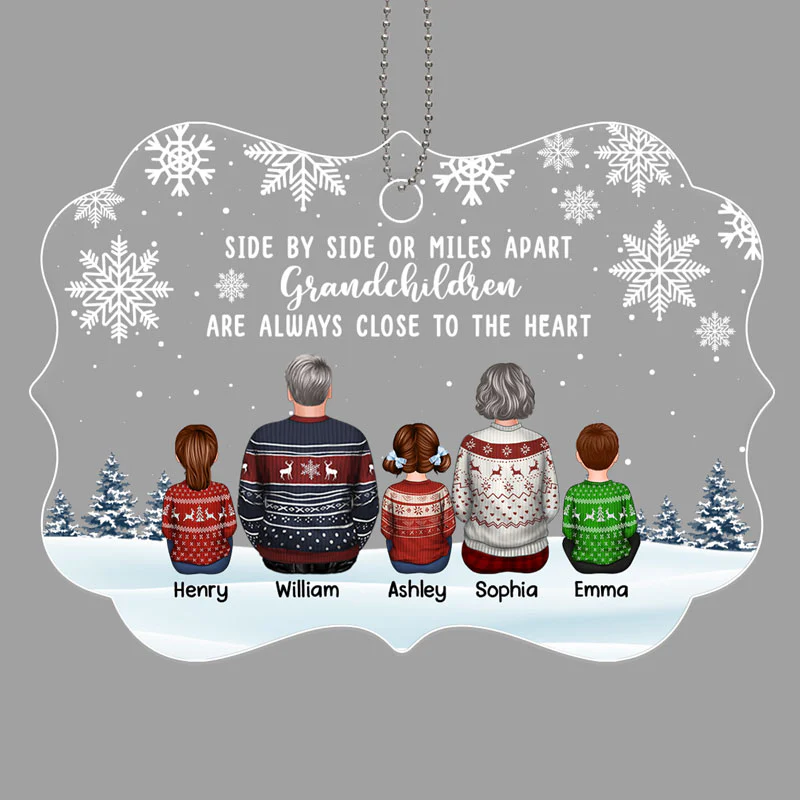 Grandma Grandpa Grandkids Side By Side Snow Background Personalized Acrylic Ornament - Image 2