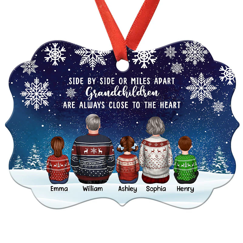 Grandma Grandpa Grandkids Side By Side Snow Background Personalized Christmas Ornament