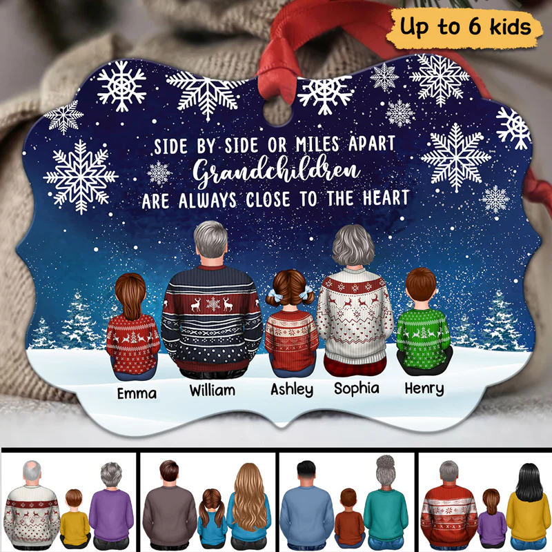 Grandma Grandpa Grandkids Side By Side Snow Background Personalized Christmas Ornament - Image 2