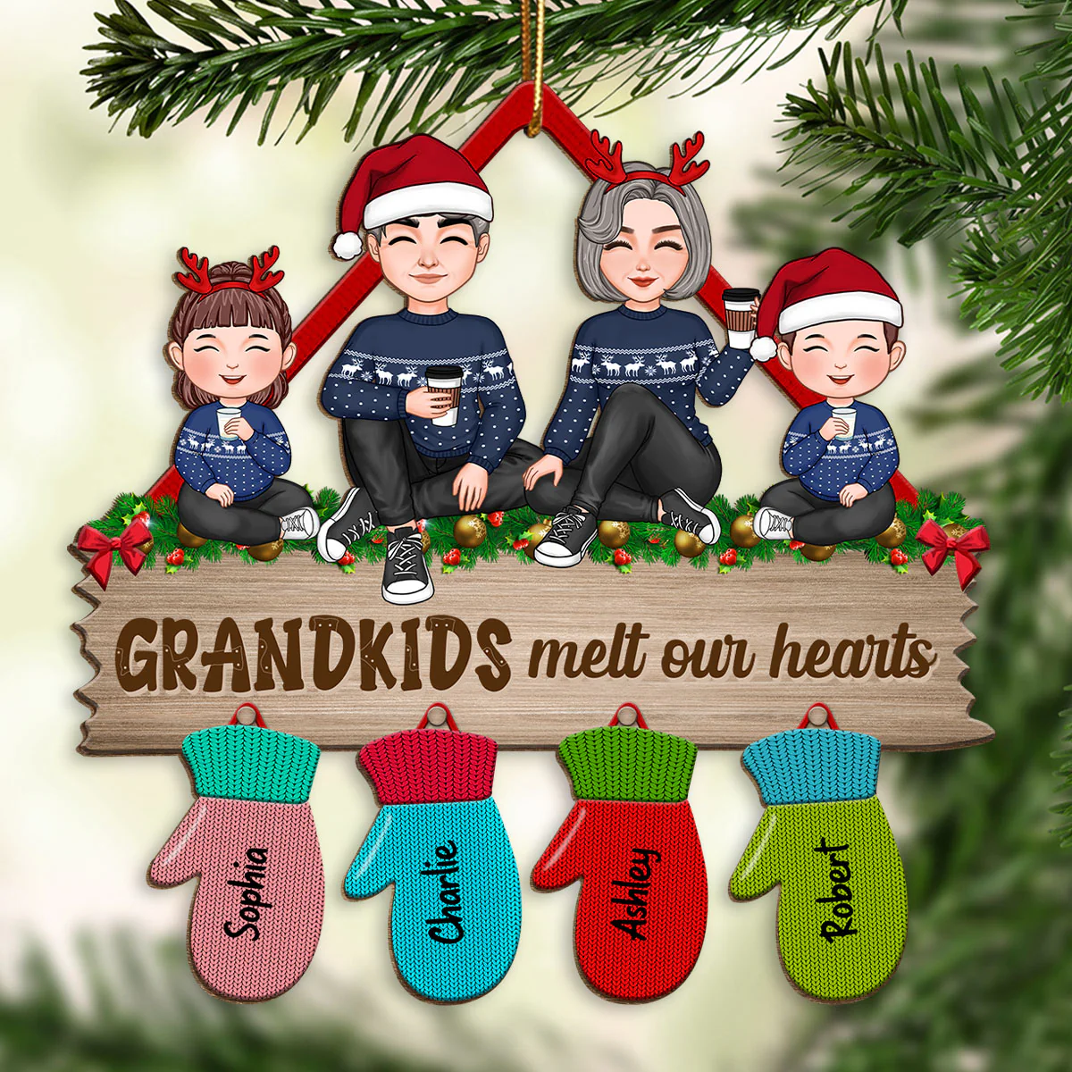 Grandma Grandpa Grandkids Sitting Christmas Glove Personalized Wooden Ornament - Image 2