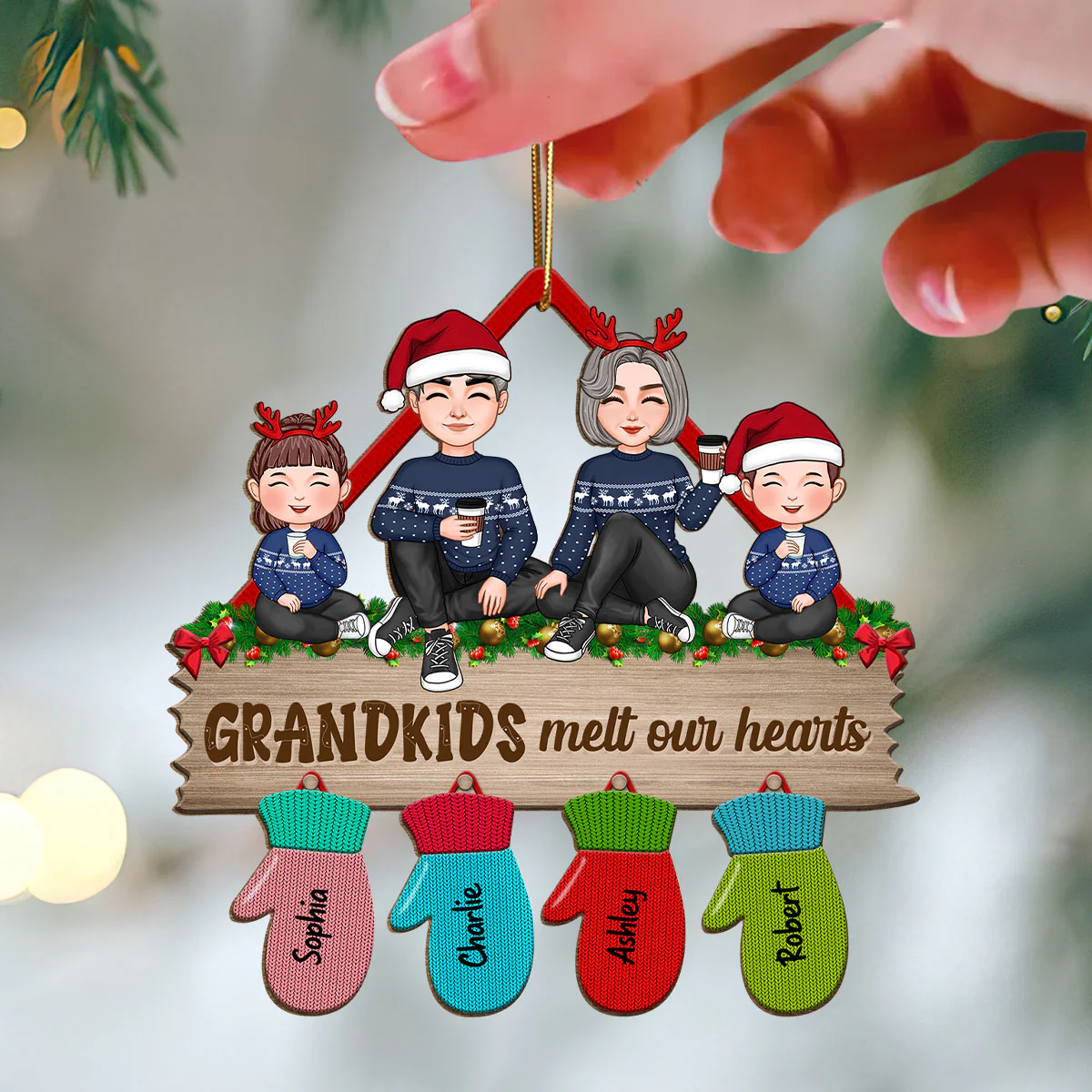 Grandma Grandpa Grandkids Sitting Christmas Glove Personalized Wooden Ornament - Image 3