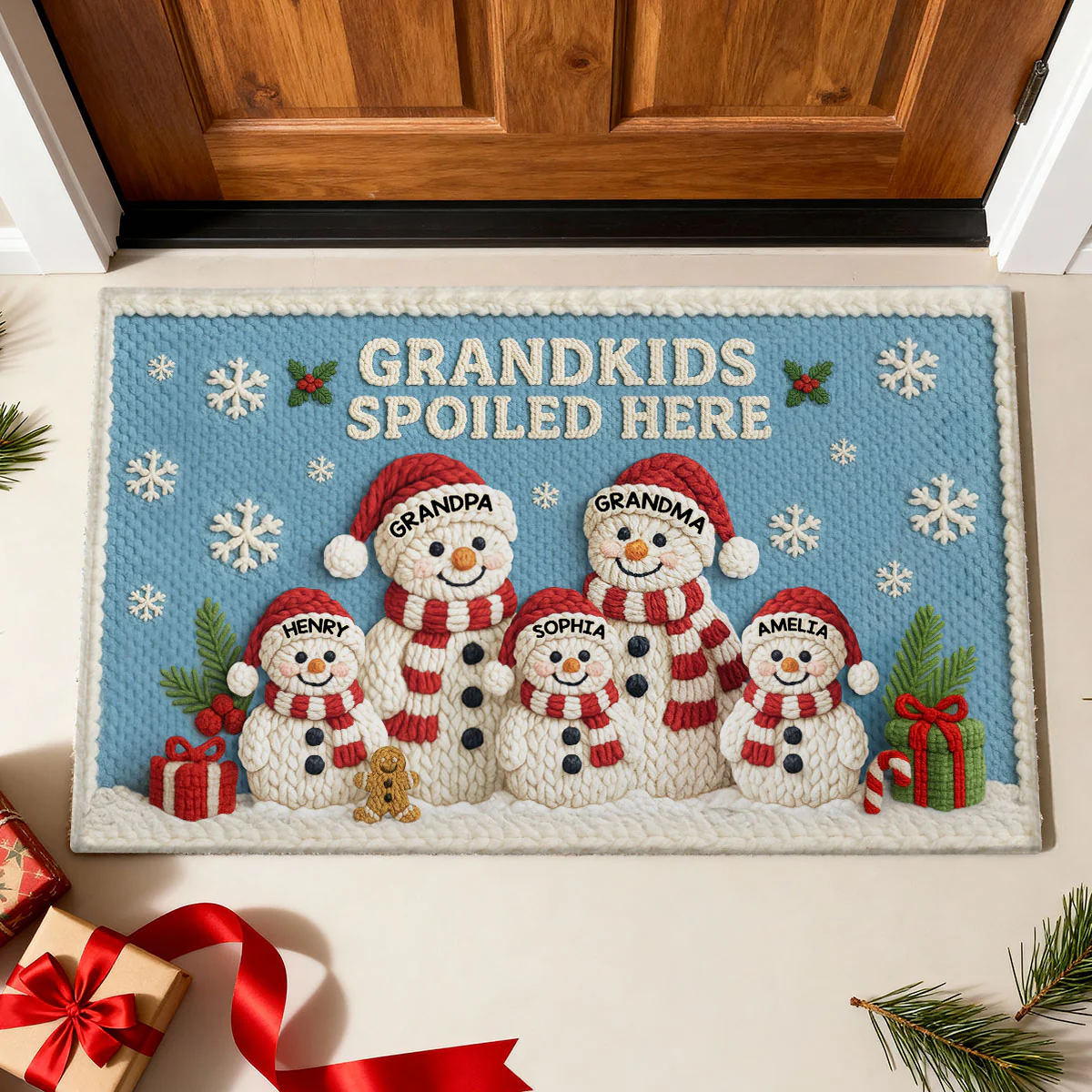 Grandma Grandpa Grandkids Snowman Crochet Faux Yarn Texture - Personalized Doormat - Christmas Decoration