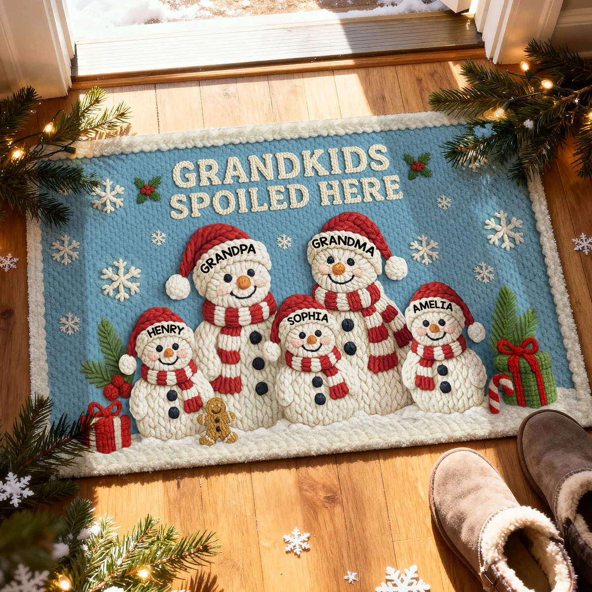 Grandma Grandpa Grandkids Snowman Crochet Faux Yarn Texture - Personalized Doormat - Christmas Decoration - Image 2