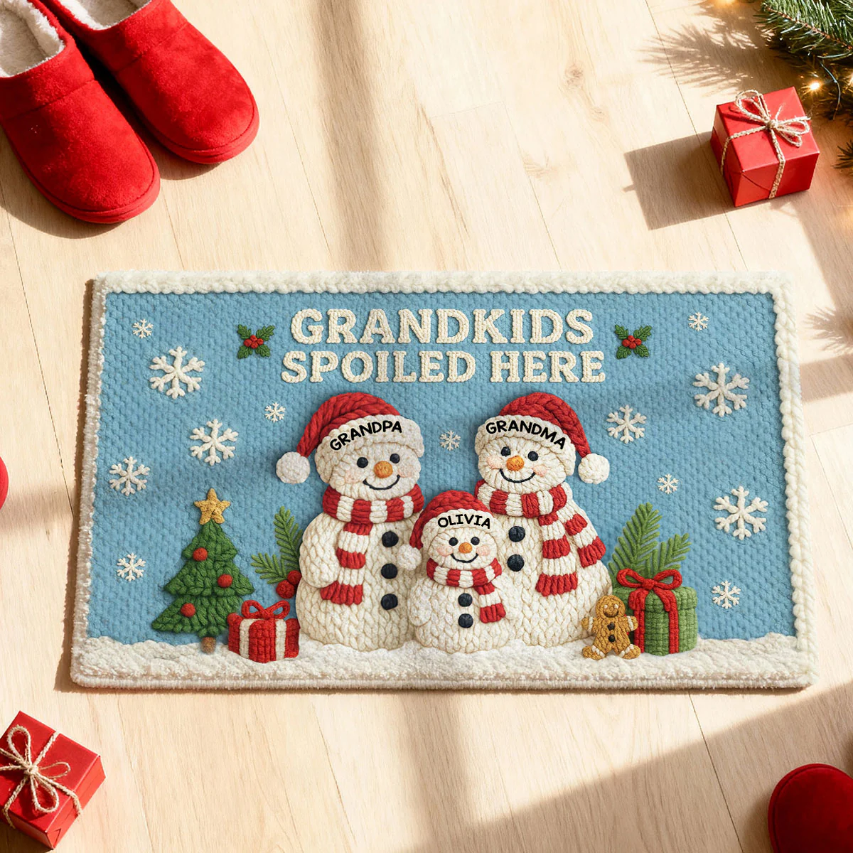 Grandma Grandpa Grandkids Snowman Crochet Faux Yarn Texture - Personalized Doormat - Christmas Decoration - Image 3