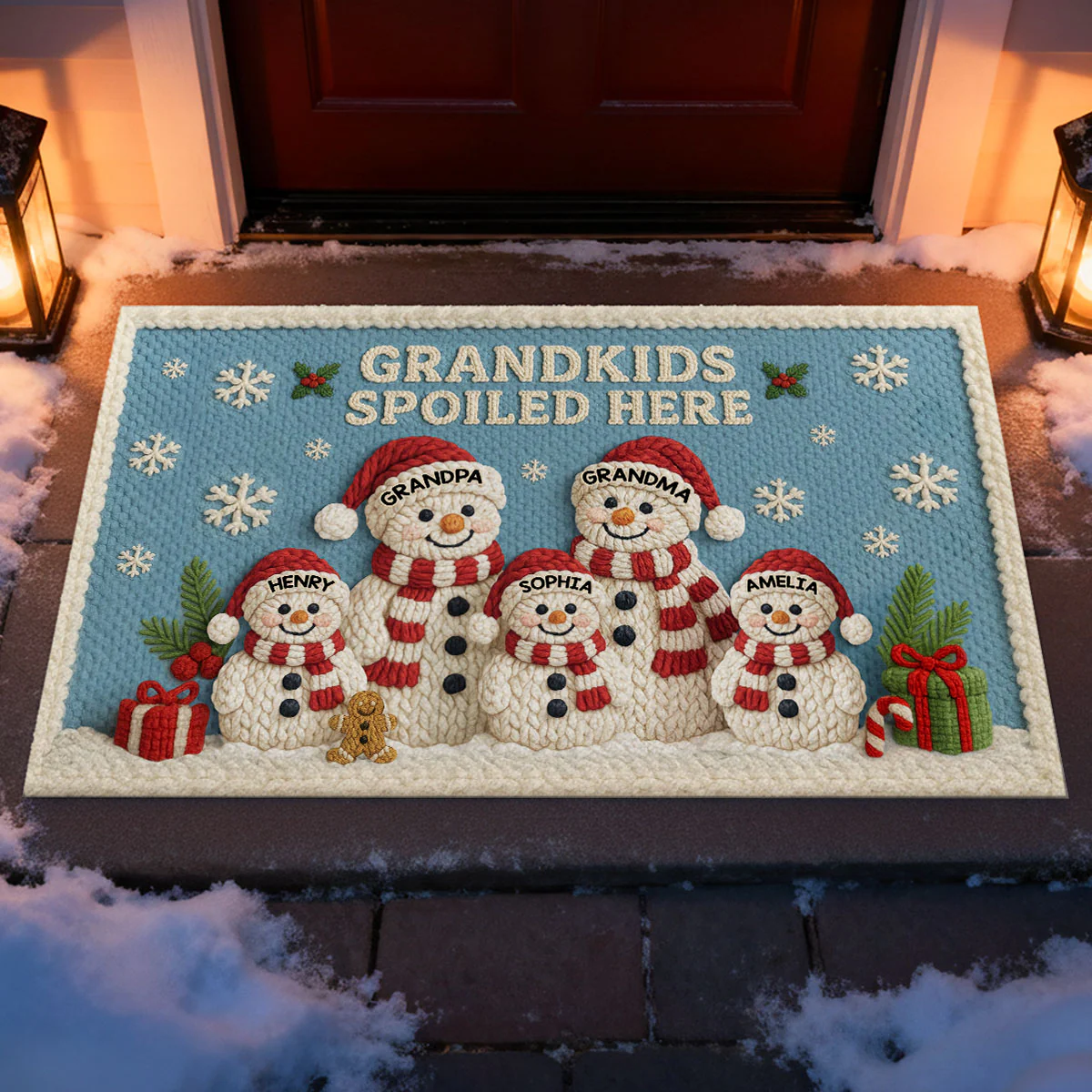 Grandma Grandpa Grandkids Snowman Crochet Faux Yarn Texture - Personalized Doormat - Christmas Decoration - Image 4