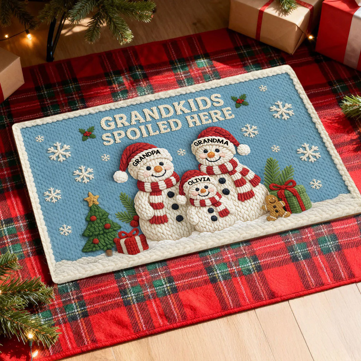Grandma Grandpa Grandkids Snowman Crochet Faux Yarn Texture - Personalized Doormat - Christmas Decoration - Image 5