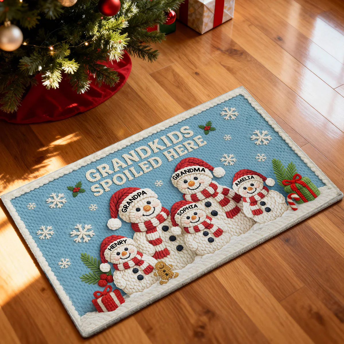 Grandma Grandpa Grandkids Snowman Crochet Faux Yarn Texture - Personalized Doormat - Christmas Decoration - Image 6