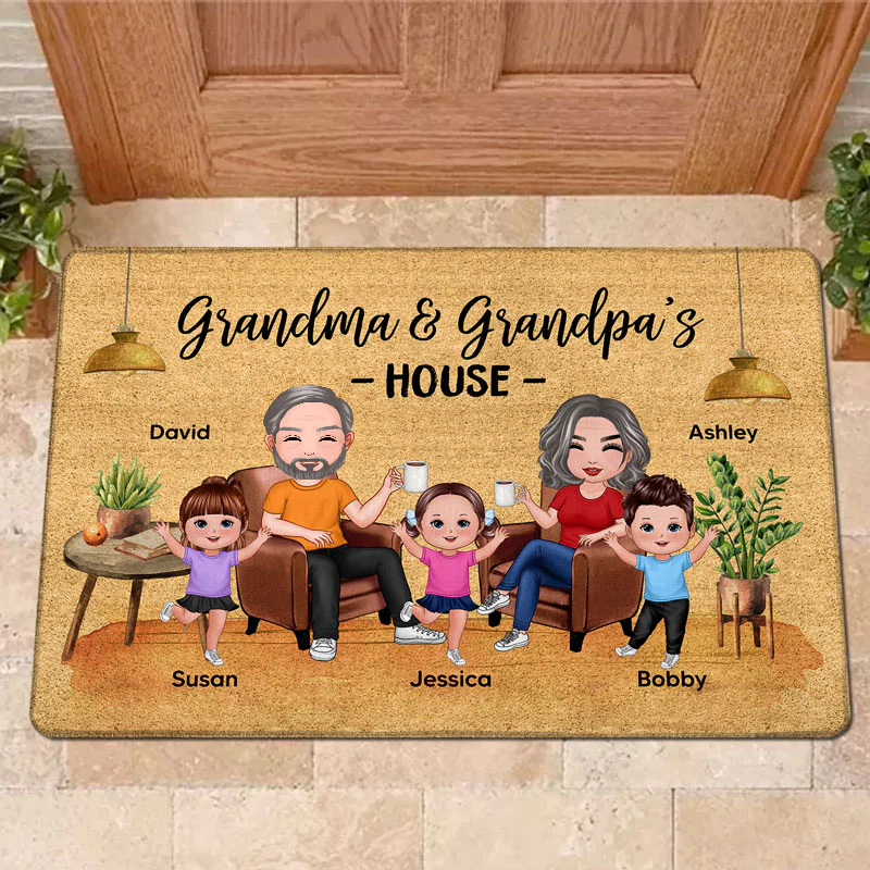 Grandma & Grandpa House With Happy Doll Kids Personalized Doormat - Image 2