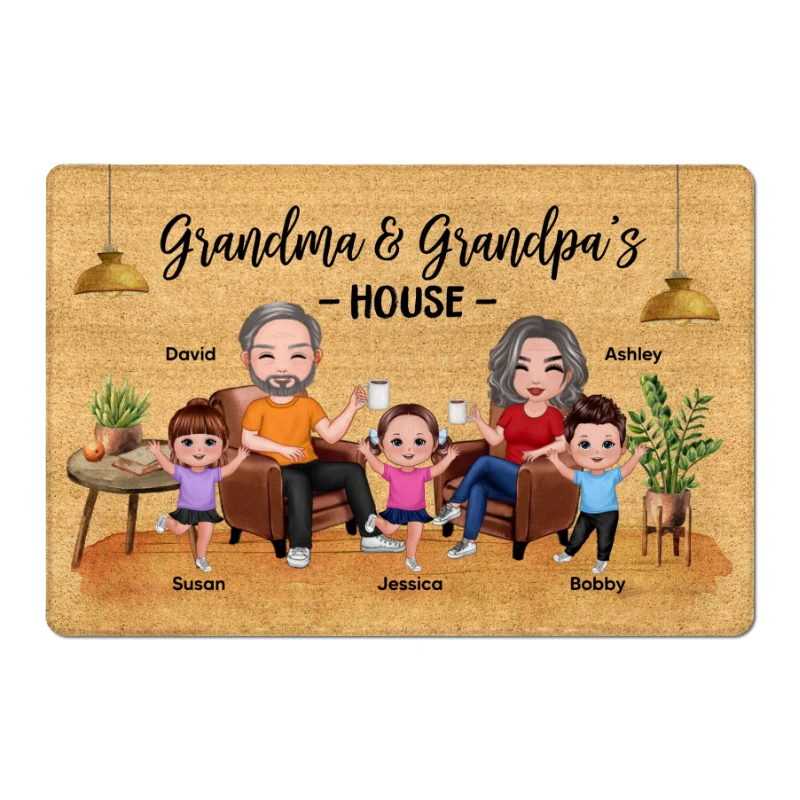Grandma & Grandpa House With Happy Doll Kids Personalized Doormat - Image 3