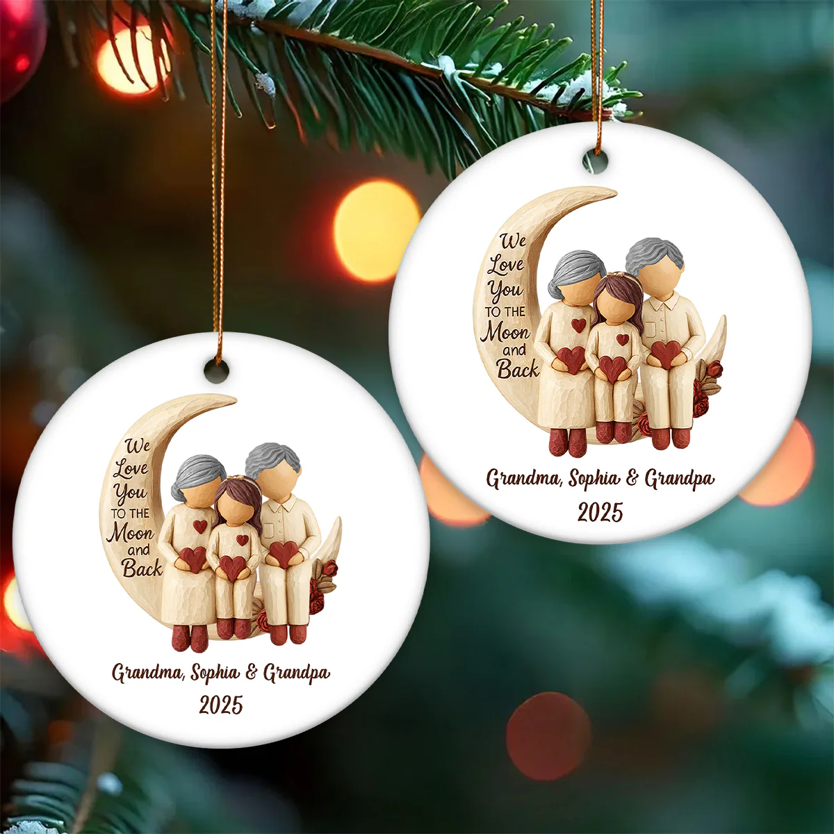 Grandma Grandpa Love You to the Moon & Back - Personalized Ceramic Ornament - Christmas Gift for Grandparents, Granchildren - Image 2