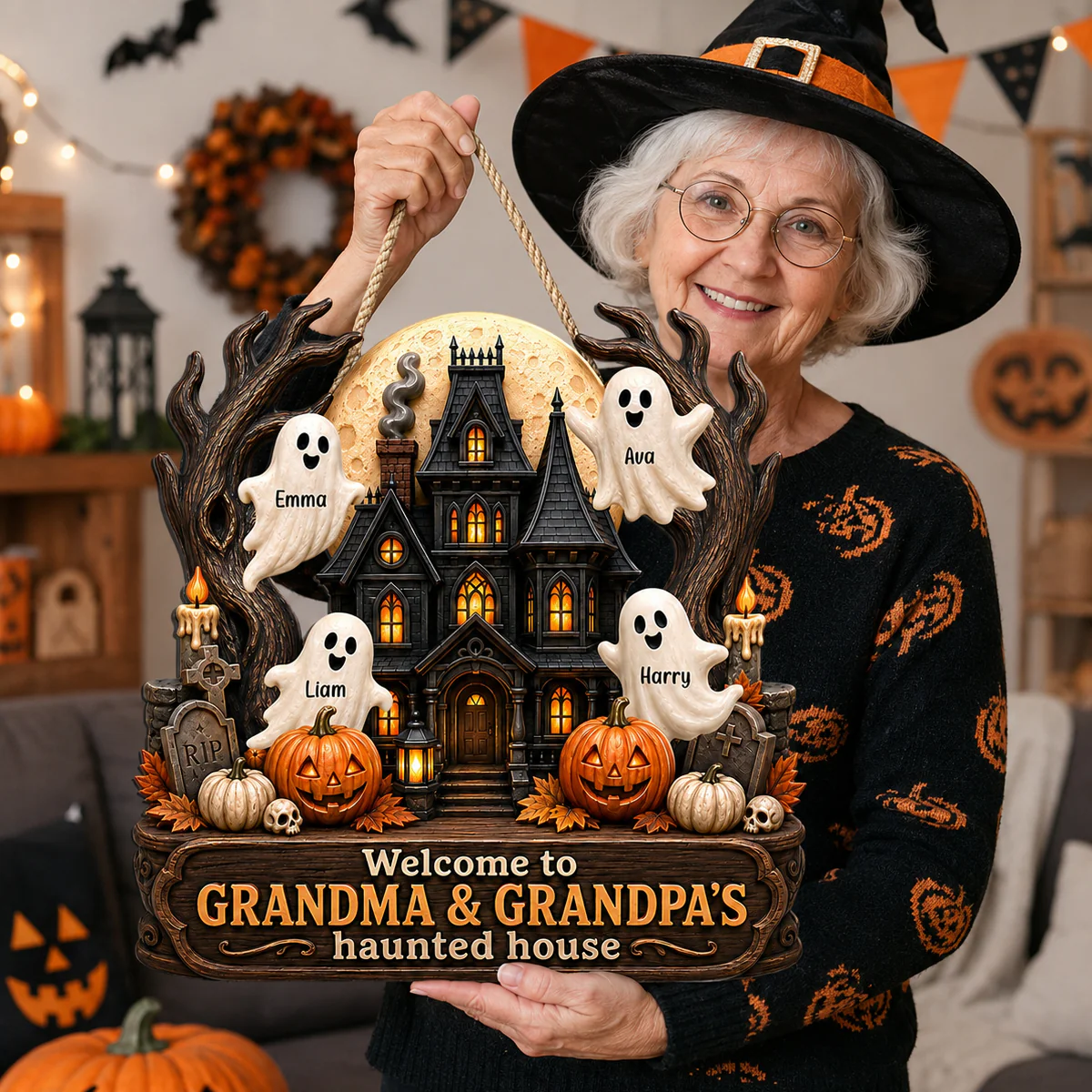 Grandma Grandpa's Halloween Haunted House - Personalized Door Sign - Halloween Decor for Grandparents - Image 3