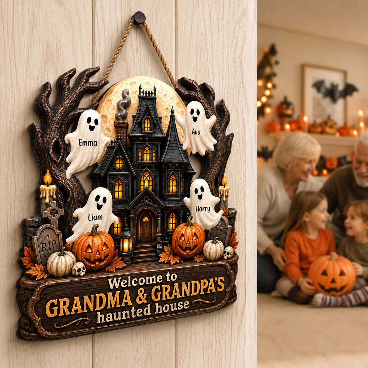 Grandma Grandpa's Halloween Haunted House - Personalized Door Sign - Halloween Decor for Grandparents - Image 4